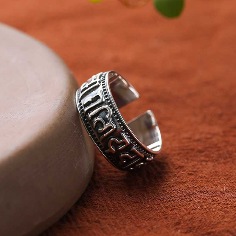 Band Rings S925 Sterling Silver Mantra Saint Religious Ring Thai Silver Six-character Mantra Cylinder Opening Adjustable Ring Jewelry