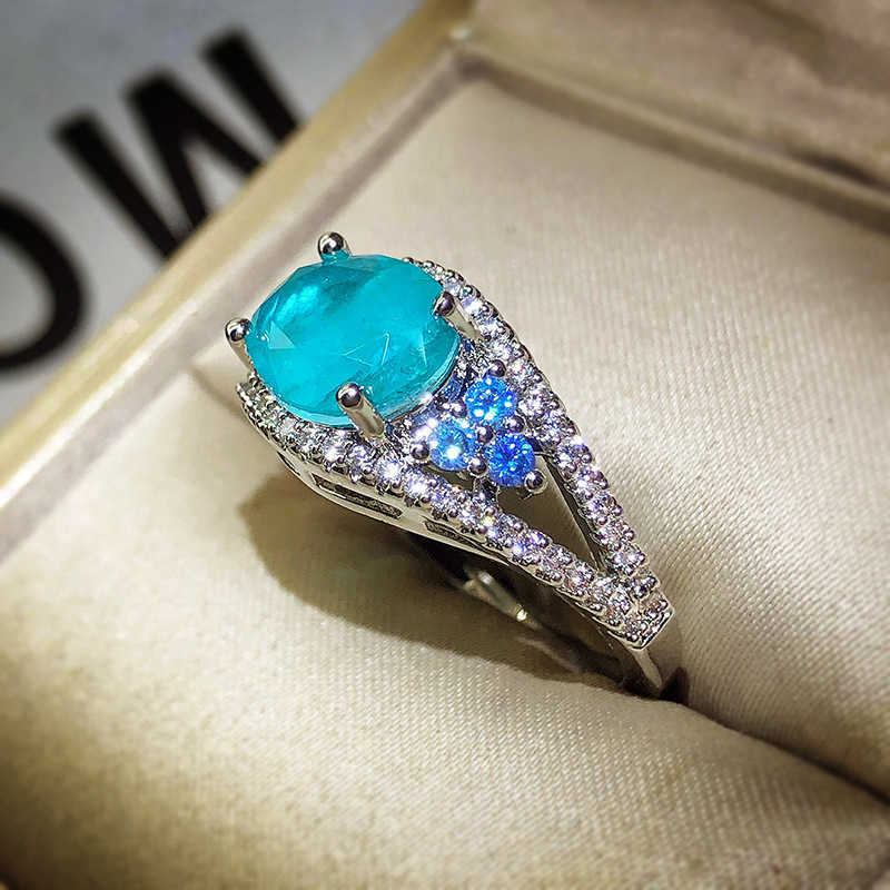 Band Rings 2022 New Exquisite 925 Sterling Silver Paraiba Tourmaline Rings Water Drop Gemstone Ladies Wedding Bridal Ring Retro Jewelry