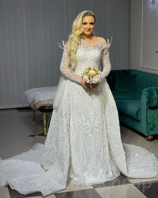 2023 Arabic Aso Ebi White Mermaid Wedding Dress Lace Beaded Pearls Luxurious Vintage Bridal Gowns Dresses ZJ202
