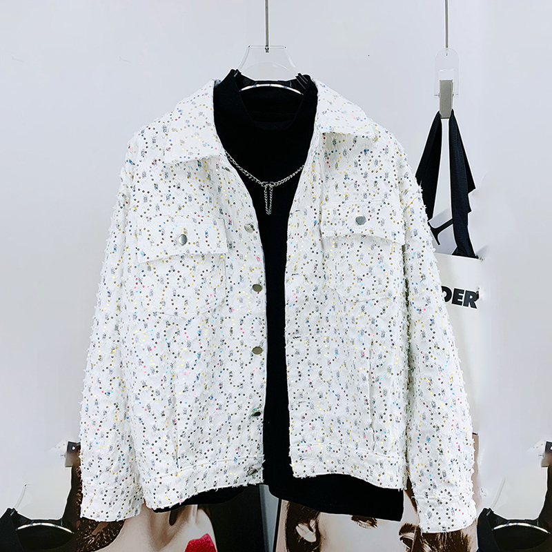 Men's Sequined Denim Jacket Autumn Fashion Casual Bead Safari Style Worn Out High Street Pocket Versatile Coat Polyester
