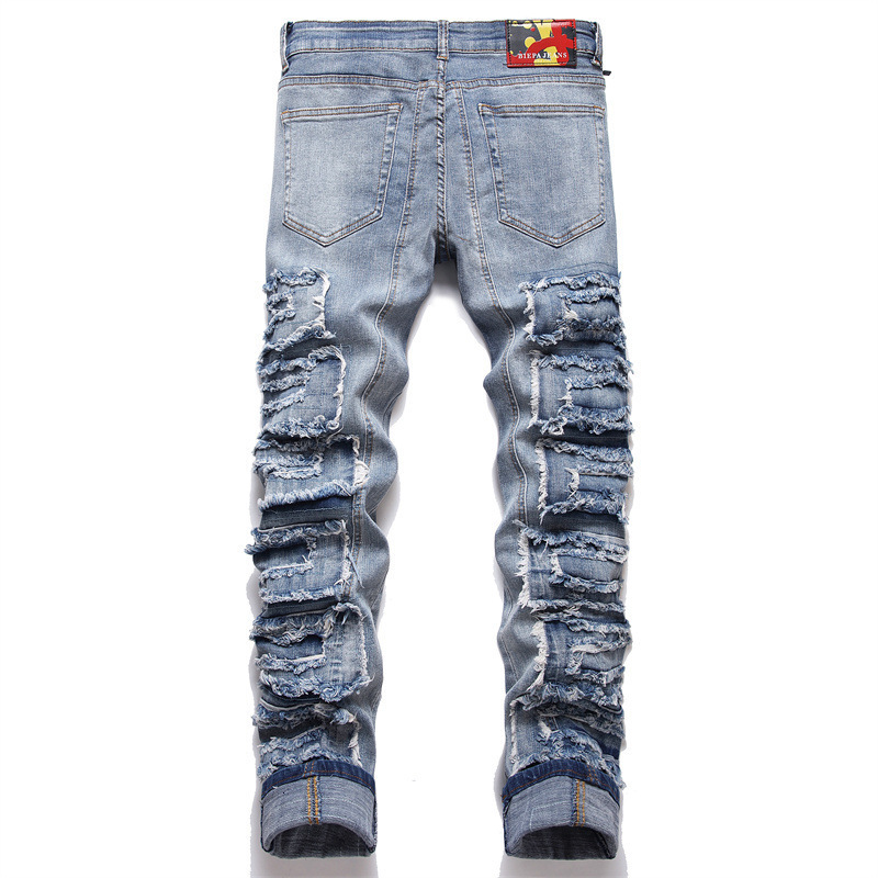 Mens Ripped Slim Straight Jeans Blue Punk Fashion Trend Elastic Stick Cloth |