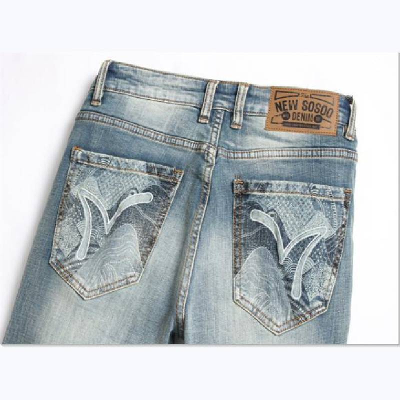 Mens Slim Fit Straight Jeans - Punk Style Embroidered Blue Back Pocket Fashion
