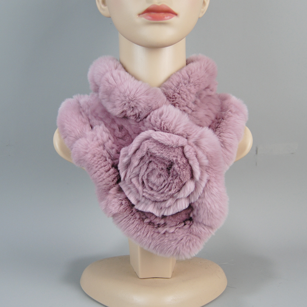 Scarves Winter Neck Scarves Woman Floral 100% Natural Real Rex Rabbit Fur Scarves Lady Knitted Real Fluffy Fur Mufflers Fashion Scarf 230810