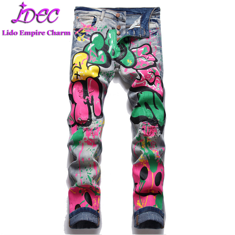 Mens Jeans Casual WashedOut Embroidery Patchwork Slim Fit Straight Leg Fashion Personality Youth Dimin Trouser 230809