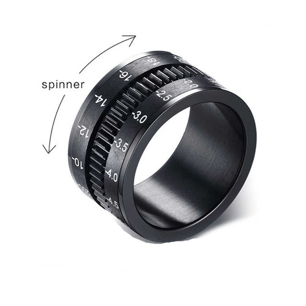 Band Rings Men's Stainless Steel Black Camera Lens Photographers Triple Spinning Band Ring