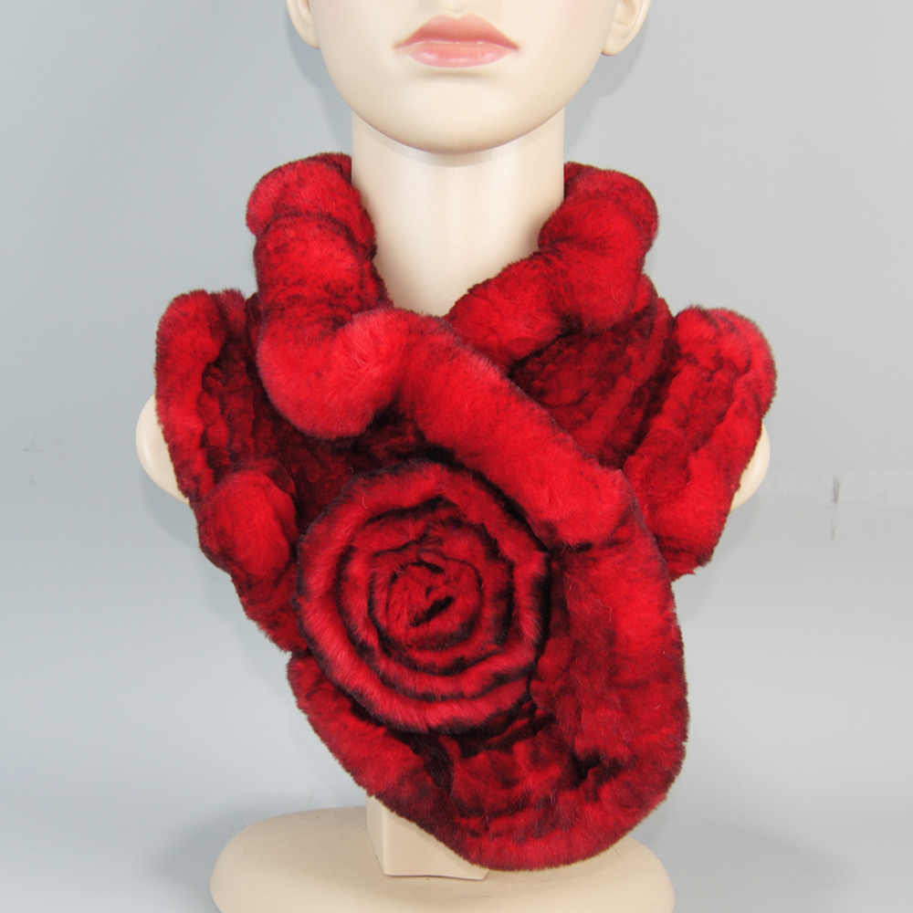 Scarves Winter Neck Scarves Woman Floral 100% Natural Real Rex Rabbit Fur Scarves Lady Knitted Real Fluffy Fur Mufflers Fashion Scarf 230810