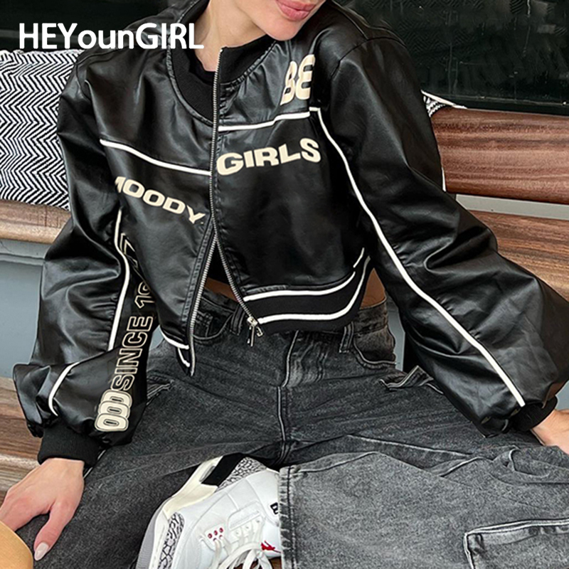 Womens Jackets HEYounGIRL Leather Bomber Jacket Women Fashion High Street Y2K Zip Up Short Coat Letter Print College Lady PU Punk Style 230810