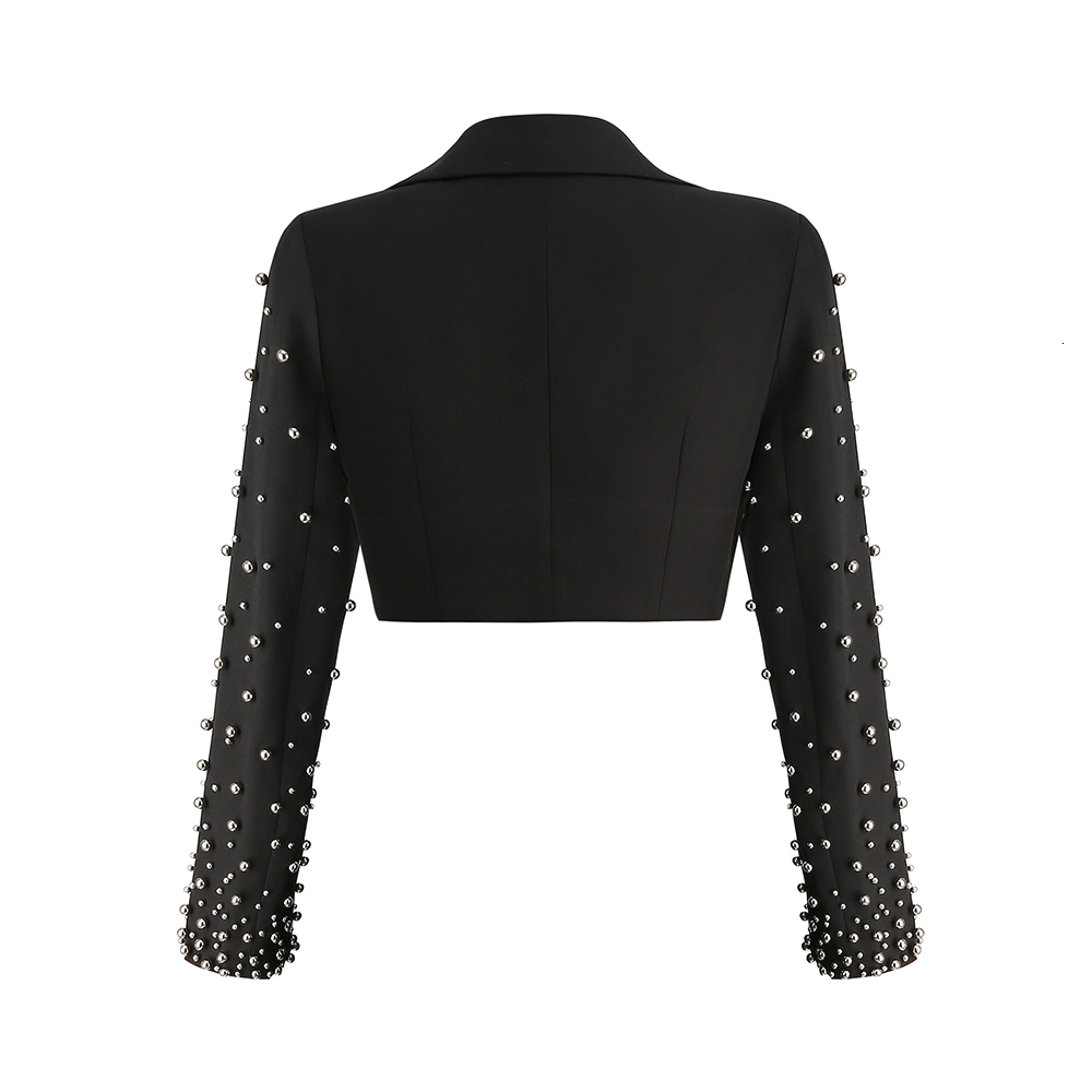 Womens Jackets High Quality Beading Sleeve Black Color Short Suit Coat Fashionable Office Lady Street Wear Women Evening Party Outfit 230809