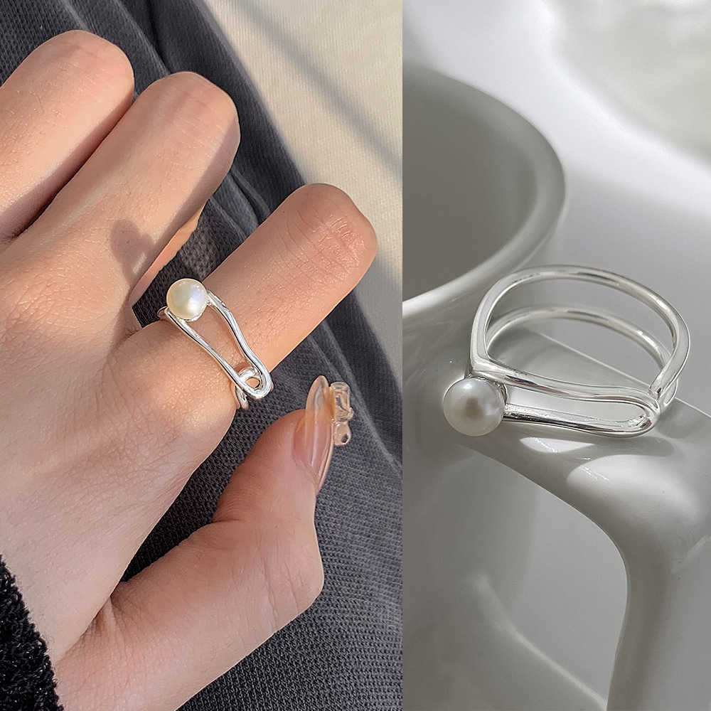 Band Rings Trendy 925 Sterling Silver Stacked Pearl Line Double Layer Opening Ring Adjustable for Women Sweet Minimalist Jewelry Gift