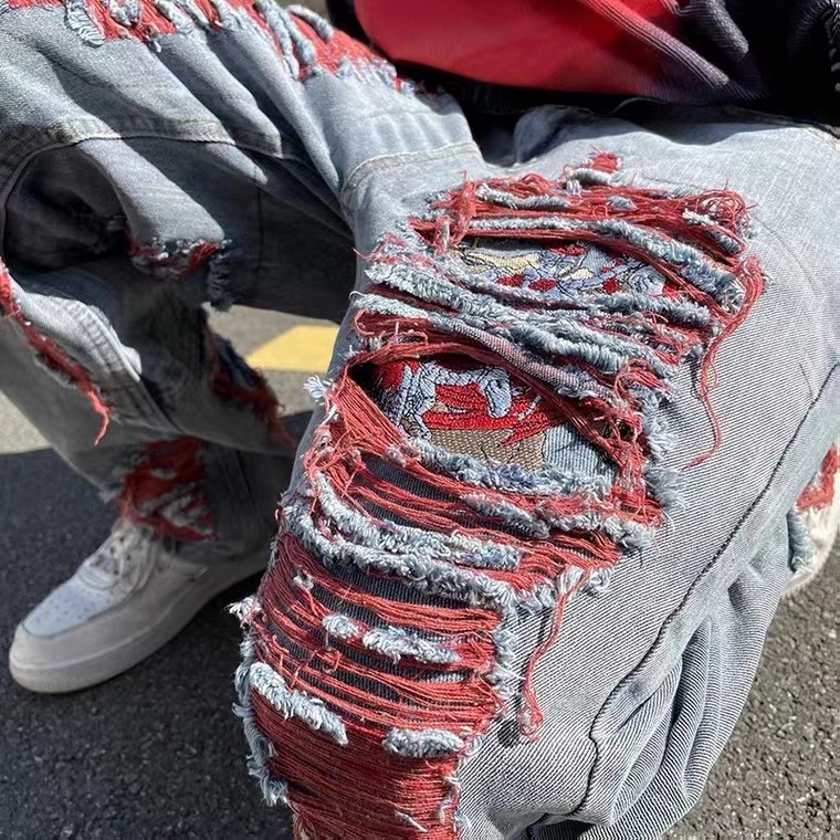 Mens Jeans High Street Hip Hop Destroy Brushed Embroidered Baggy Casual Straight Leg Denim Pants Man Women 230810