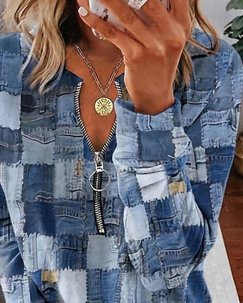 Women's T-Shirt Denim Look Print Zip Detail Long Sleeve Top Women Fashion Casual T Shirt 230809