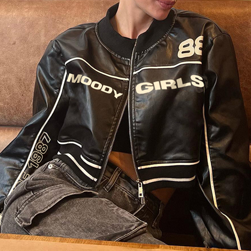 Womens Jackets HEYounGIRL Leather Bomber Jacket Women Fashion High Street Y2K Zip Up Short Coat Letter Print College Lady PU Punk Style 230810