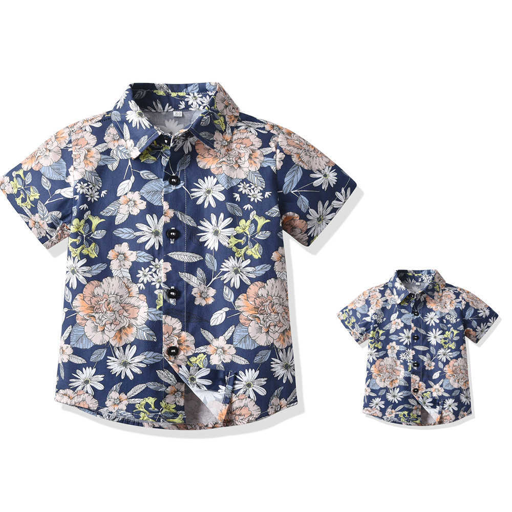 Family Matching Outfits Summer Kids Clothes Boys Short Sleeve Shirt Hawaiian Father and Son Floral Cotton Casual Cardigan Matching Family Outfits R230