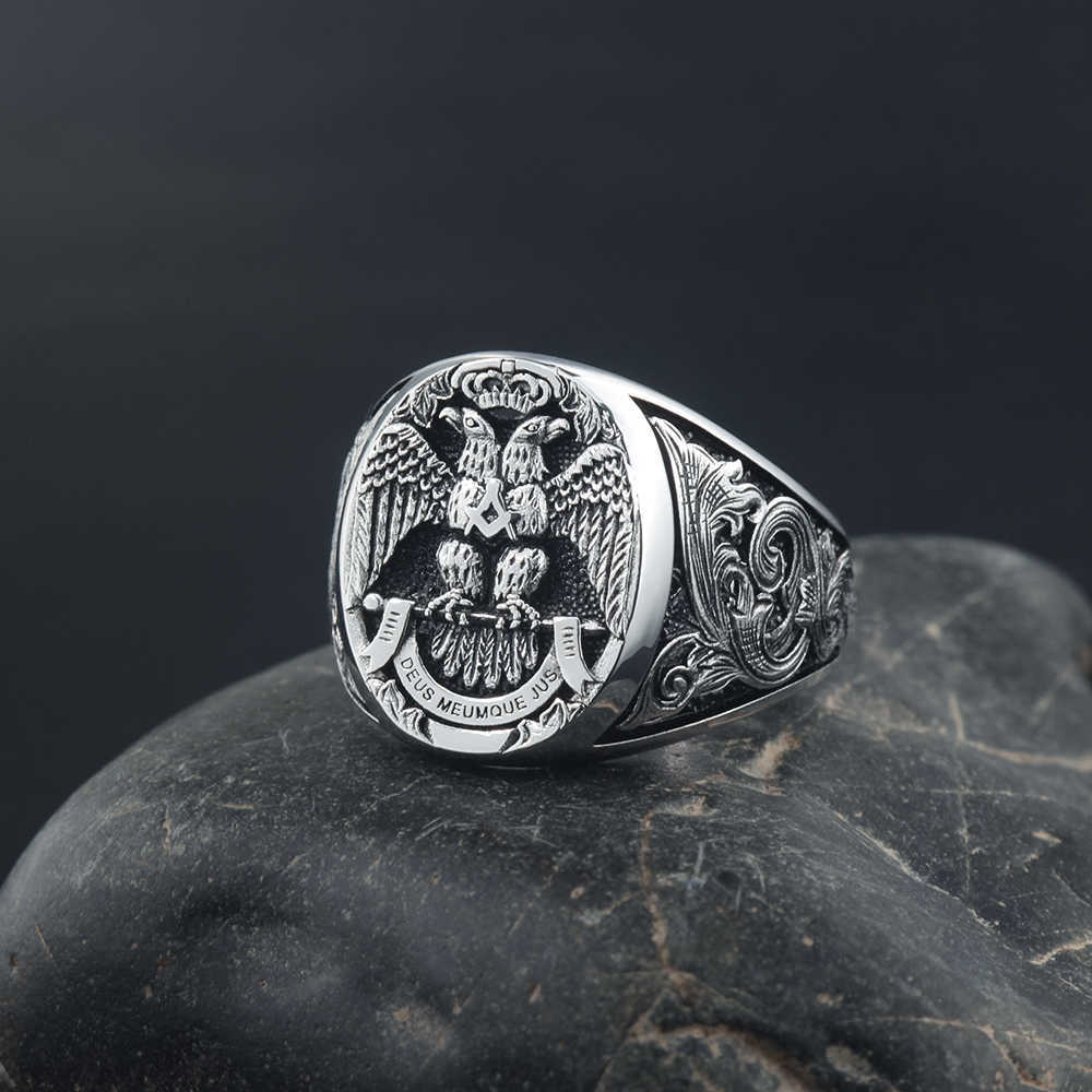 Band Rings Masonic Scottish Rite 33 Degree Double Head Eagle Phoenix Hand Engraved Sterling Silver Ring