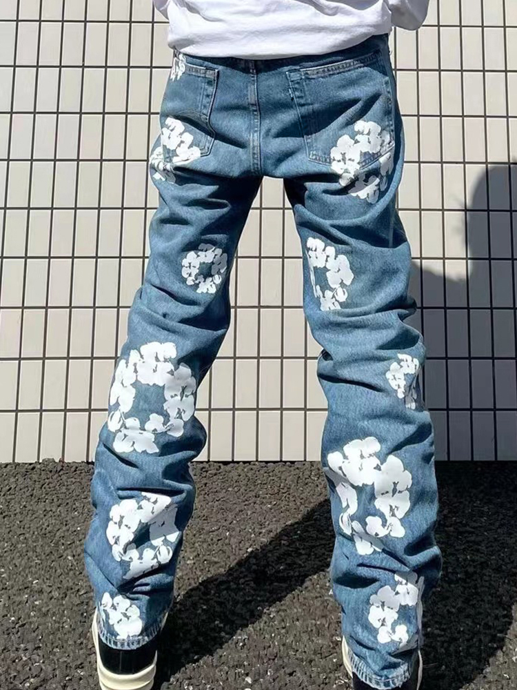 Men's Jeans Arrival Loose Straight Comfy Cotton Denim Pants Trousers Y2K Clothes Streetwear Casual Fashion Flowers Printed Jeans For Men 230809