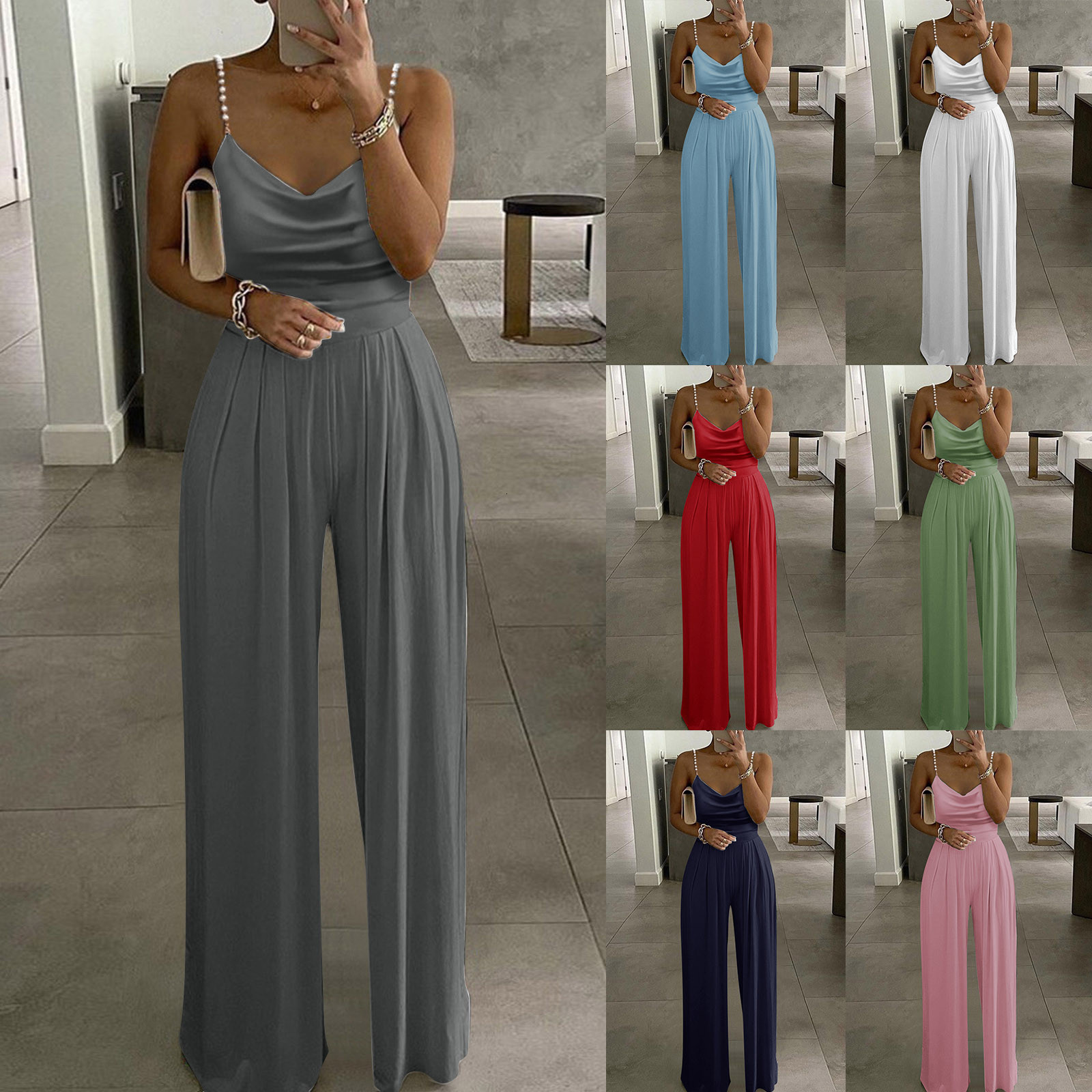 Women's Jumpsuits Rompers Womens Casual Solid Color Two Pearl Strap Pink Sweetheart V-Neck High Waist Tube Jumpsuit Pants Summer Dressy Maternity