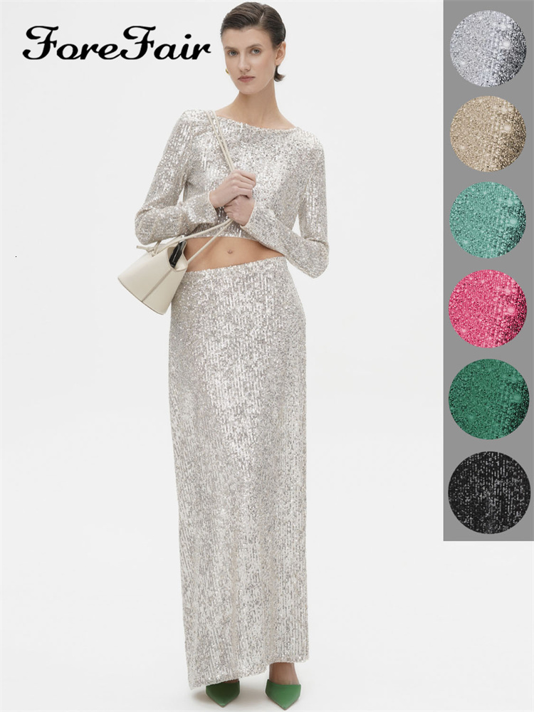 Two Piece Dress Forefair Y2k Sequins Skirt 2 Pieces Sets Women Summer Autumn Long Sleeve Chic Crop Top Bodycon And Mixi Party Club 230810