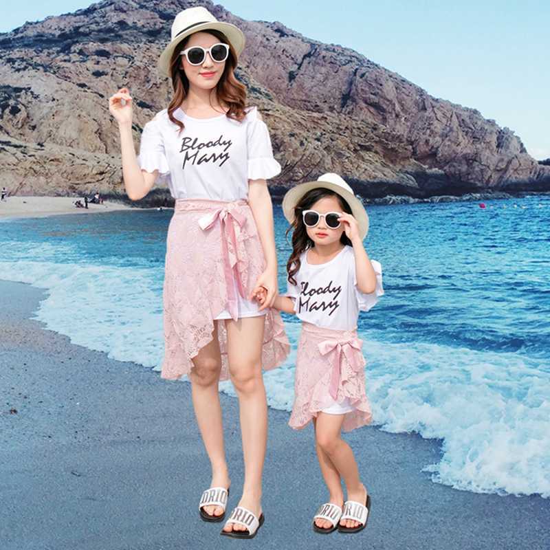 Family Matching Outfits Family Matching Clothes Summer Mum Daughter White Tshirt+Lace Skirt Mommy and Me Clothes Matching Family Outfits Kids Girl Ski