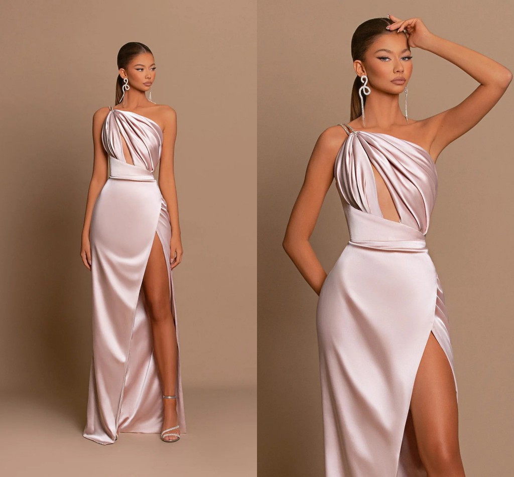 Blush Pink Bridesmaid Dresses 2023 New Sexy Spaghetti One Shoulder Split Evening Prom Gowns Long Women Ocn Wears Bc16132 0213