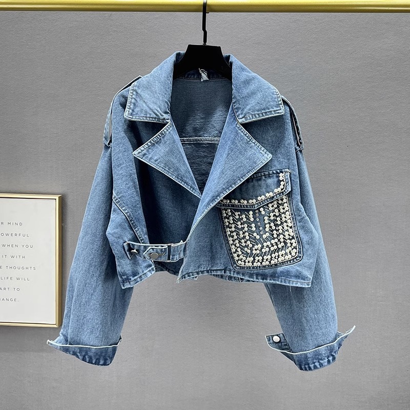 Womens Jackets Women Motorcycle Turn Down Collar Jeans Bomber Jacket Spring Diamonds Beaded Denim Coat Pearls Beading Streetwear Tops Jaquetas 230810