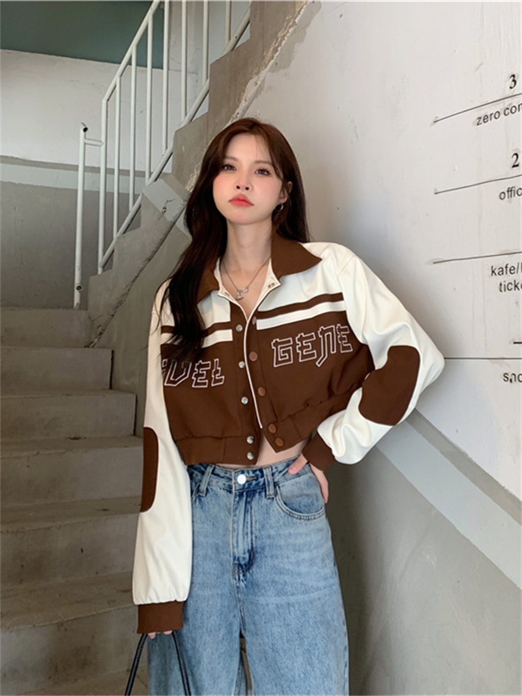 Womens Jackets QWEEK Y2K Vintage PU Leather Varsity Jacket Women Korean Style Embroidery Cropped Baseball Uniform Oversized Patchwork Kpop 230810