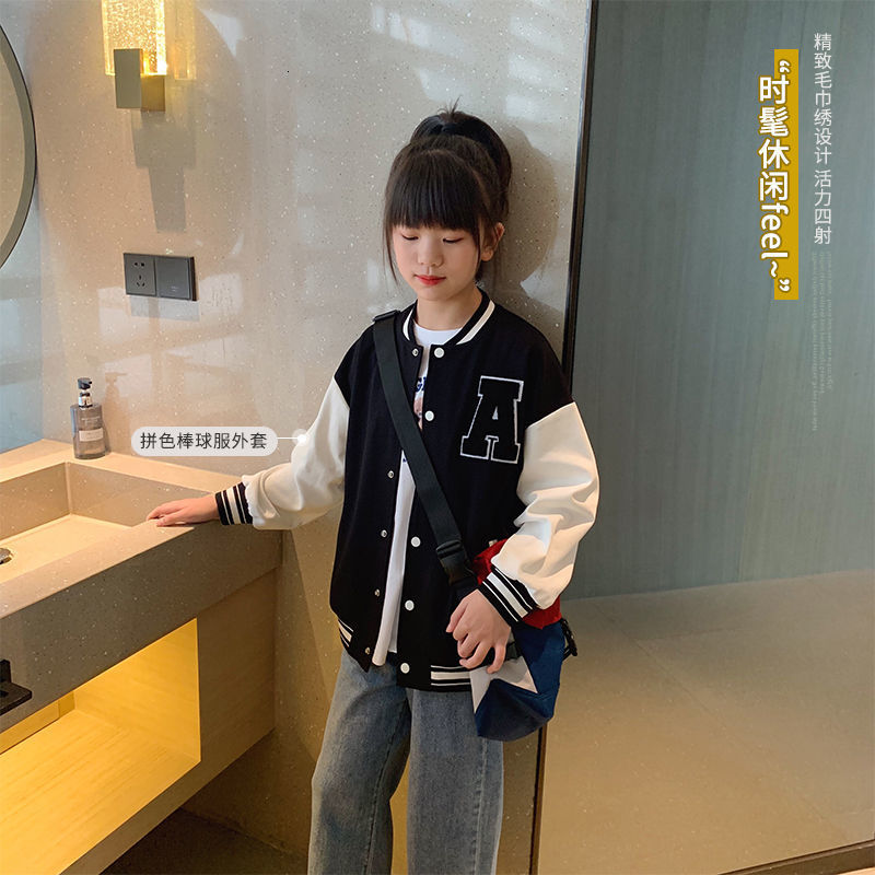 Jackets Baseball Jacket Kids Girls Korean Casual Loose Pocket Letter Oversized Bomber Sweatshirt Uniform Streetwear Couple Tops 230811