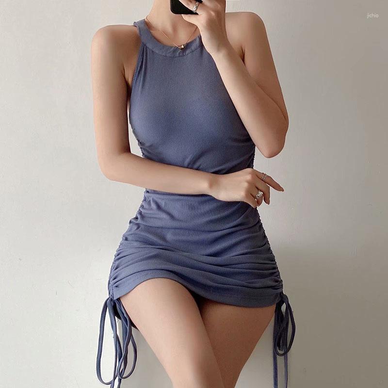 Casual Dresses YVYVLOLO Ribbed Mini Dress Women Off Shoulder Sexy Party O Neck Drawstring Knit Club Tank Bodycon Short Womens Summer