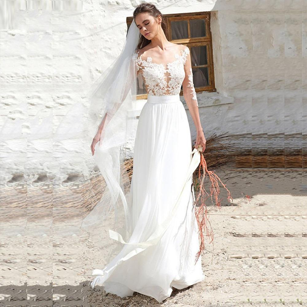 Bohemian Chiffon A Line Wedding Dress For Women 2023 Lace Appliques Illusion Backless Bridal Gowns Sweep Train Vestido De Noiva
