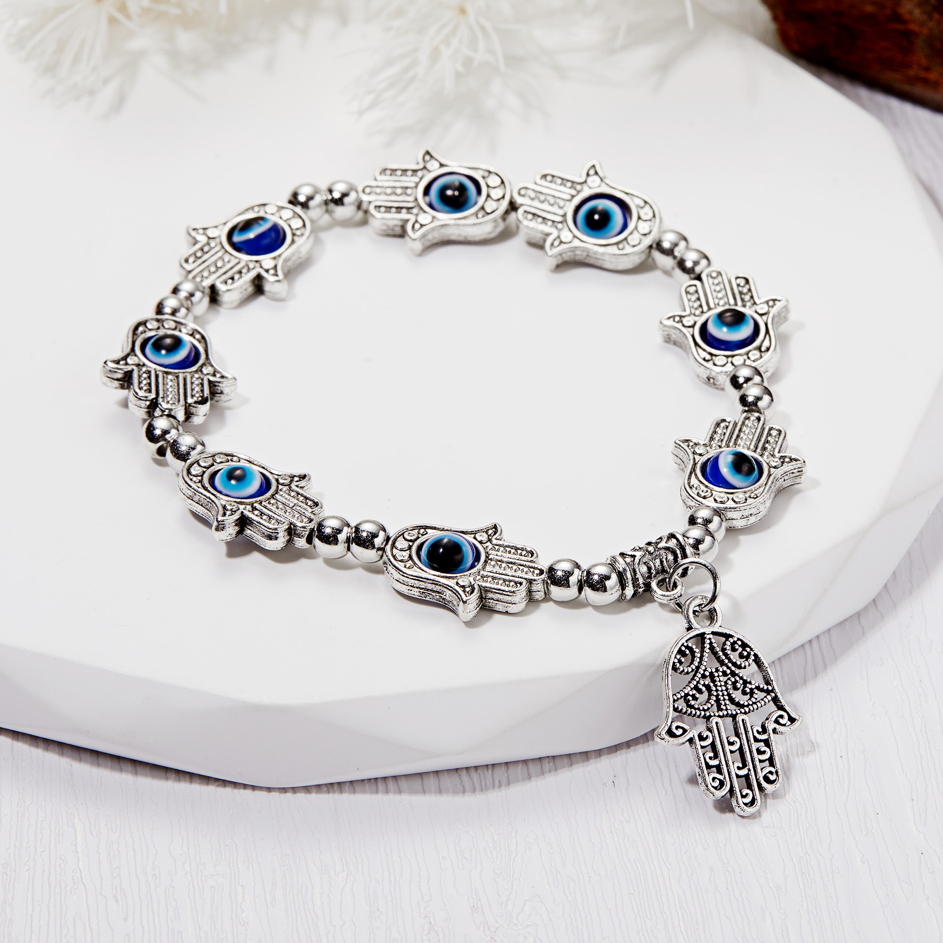 Antique Silver Fatima Hand Evil Eye Charm Bracelet Stretch Bracelets Jewelry