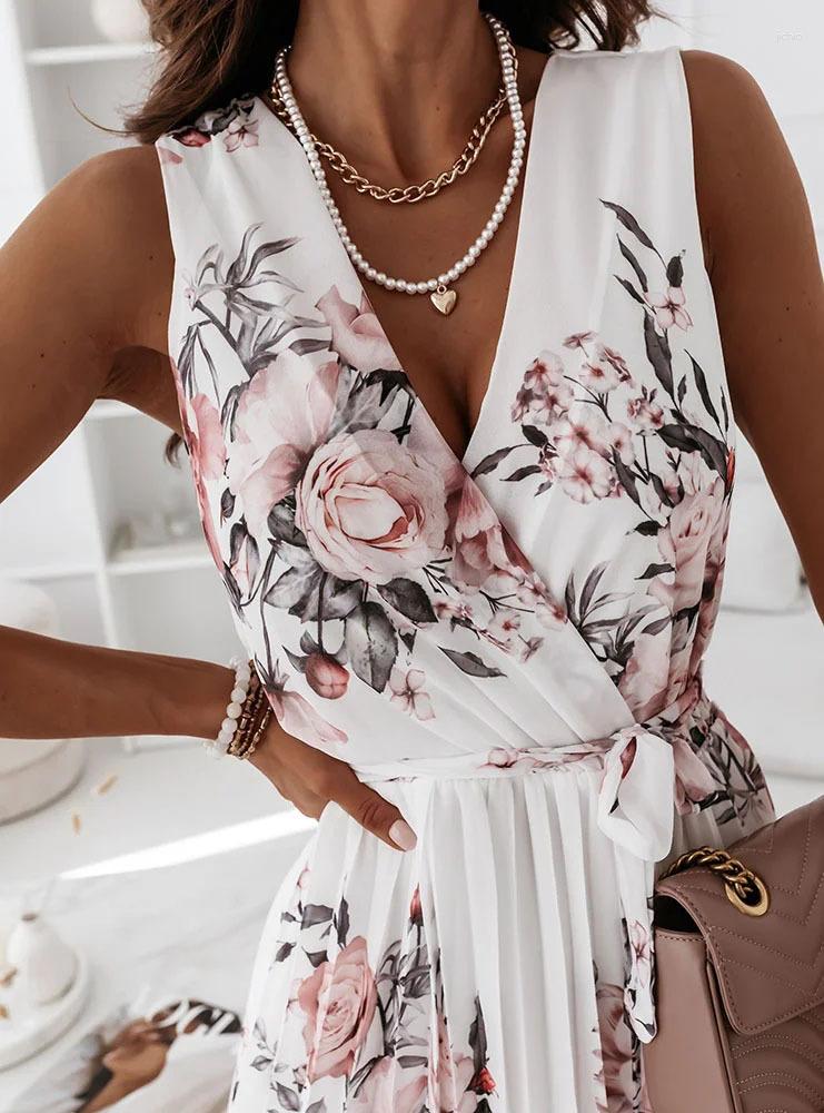 Casual Dresses Elegant Womens Summer Dress 2024 Lace-up Waist Sleeveless Floral Fashion Ladies Beach Mini Skirt
