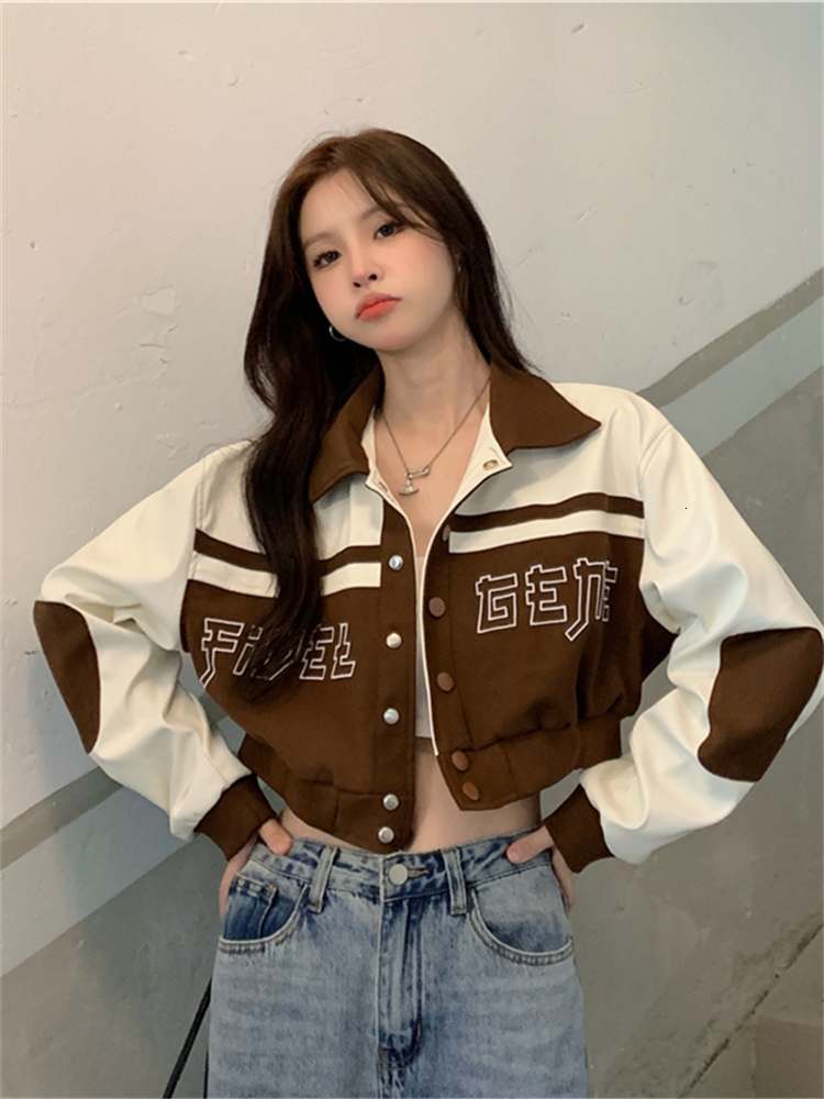 Womens Jackets QWEEK Y2K Vintage PU Leather Varsity Jacket Women Korean Style Embroidery Cropped Baseball Uniform Oversized Patchwork Kpop 230810