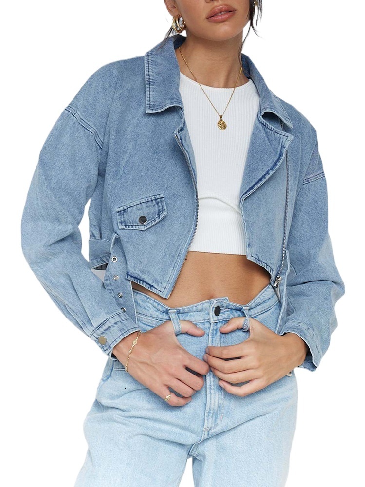 Womens Jackets Fitaylor Spring Autumn Women Vintage Loose Short Denim Jacket with Belt Lady Streetwear Lapel Zipper Moto Biker Jean Coat 230810