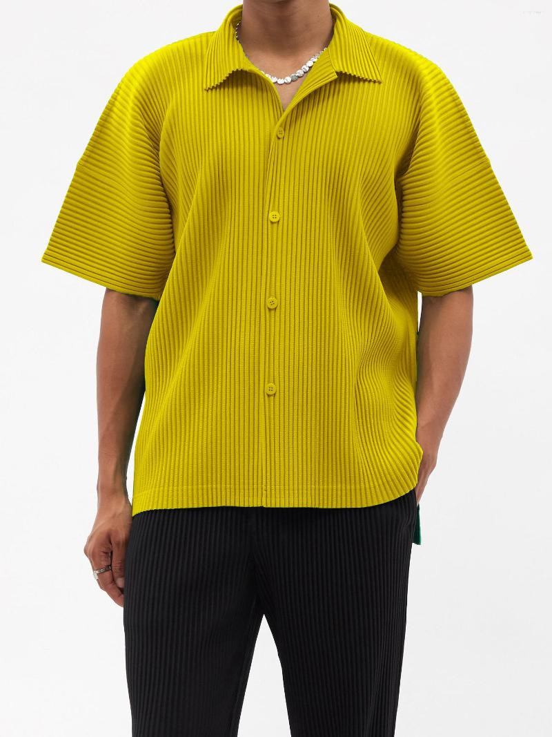 Men's Casual Shirts Miyake Pleated Homme Plisse Men Smart Shirt Turn-down Collar Cardigan Single Breasted Harajuku Blouses