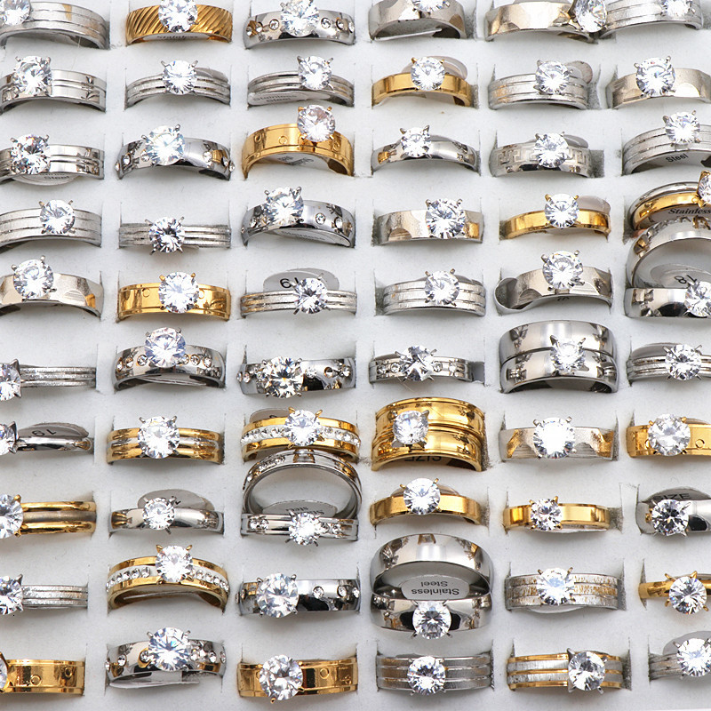 Solitaire Ring Wholesale 50Pcs/lot Mix Style Zircon Stainless Steel Rings Wedding Ring Women Mens Ring 230810