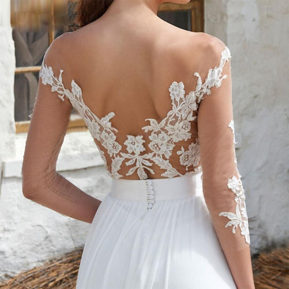 Bohemian Chiffon A Line Wedding Dress For Women 2023 Lace Appliques Illusion Backless Bridal Gowns Sweep Train Vestido De Noiva