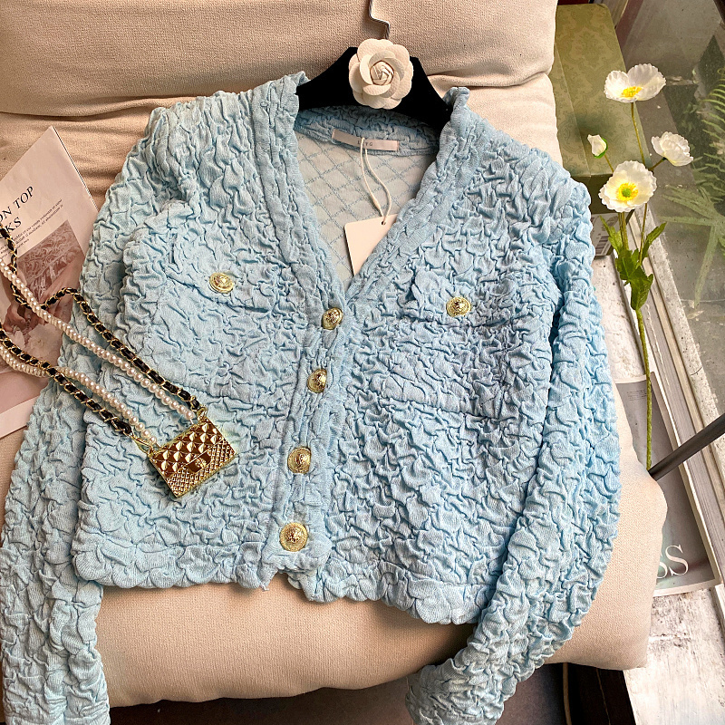 Women's Knits Tees High Quality Women Fashion Spring Elegant Ladies Temperament Metal Buckle V-Neck Long-Sleeved Knitted Cardigan Top 230810