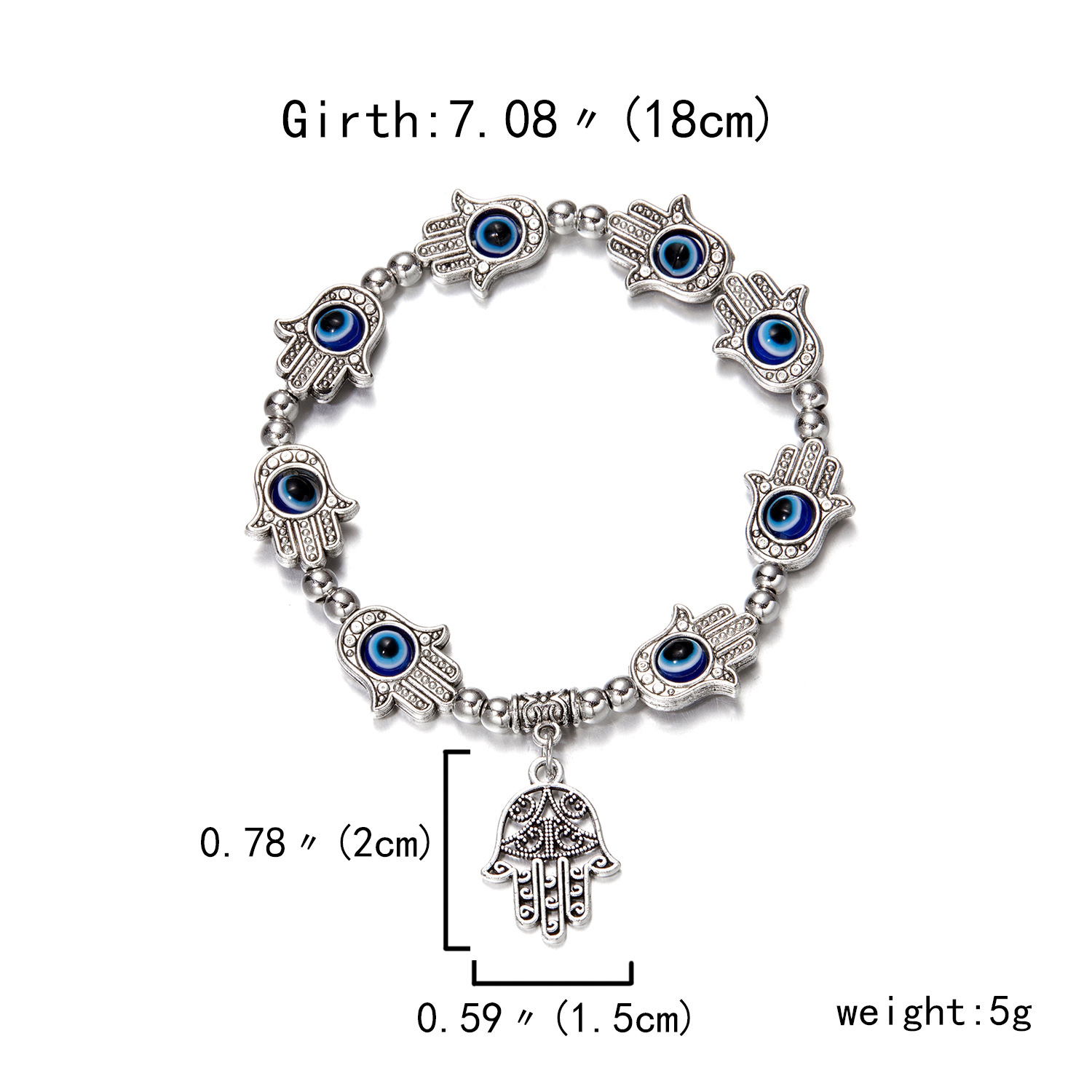 Antique Silver Fatima Hand Evil Eye Charm Bracelet Stretch Bracelets Jewelry