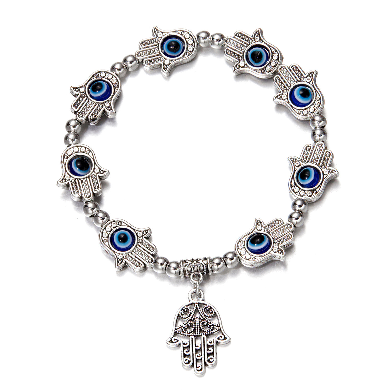 Antique Silver Fatima Hand Evil Eye Charm Bracelet Stretch Bracelets Jewelry
