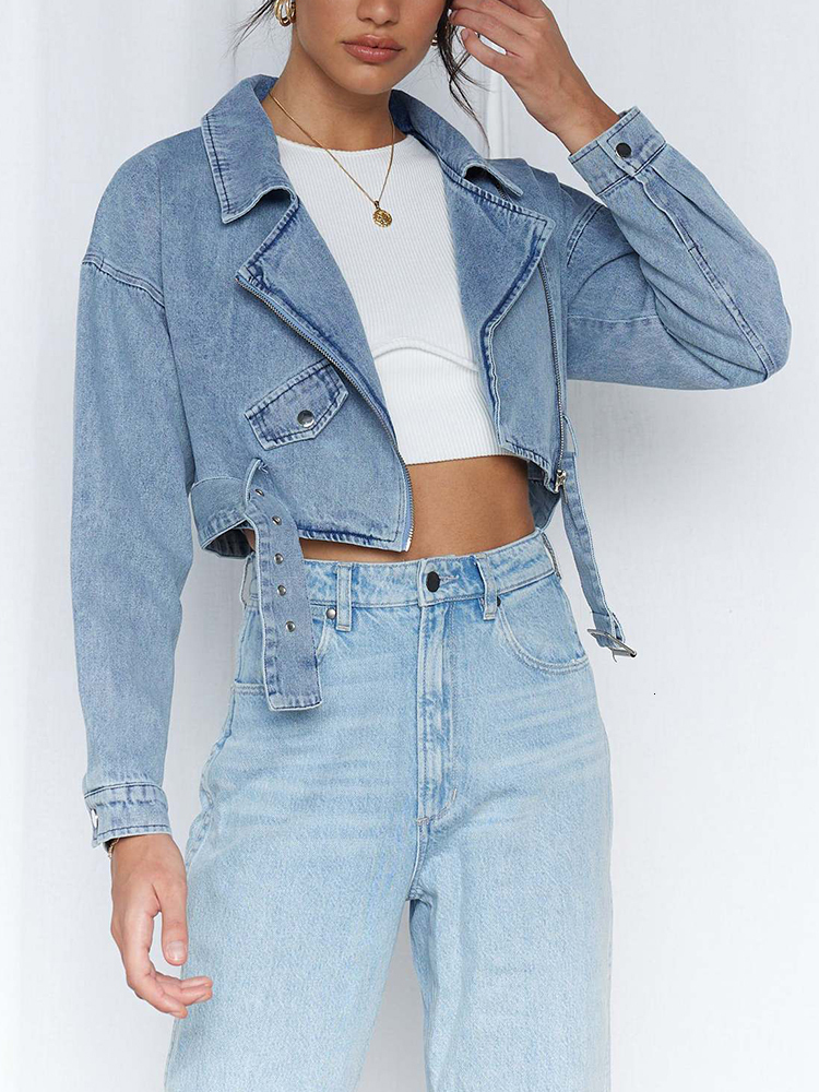 Womens Jackets Fitaylor Spring Autumn Women Vintage Loose Short Denim Jacket with Belt Lady Streetwear Lapel Zipper Moto Biker Jean Coat 230810