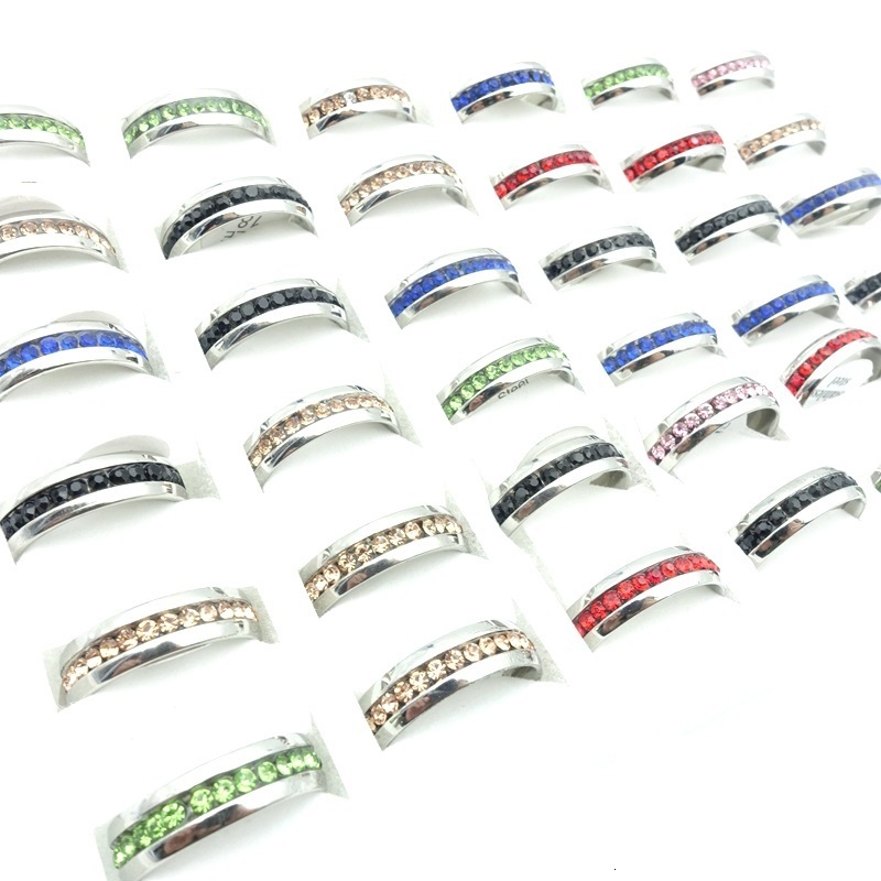 Solitaire Ring MIXMAX 50PCs/Lot Mens Womens Stainless Steel Rings One Row Shining Fashion Jewelry Beautiful Party Gift Wedding Bands 230810