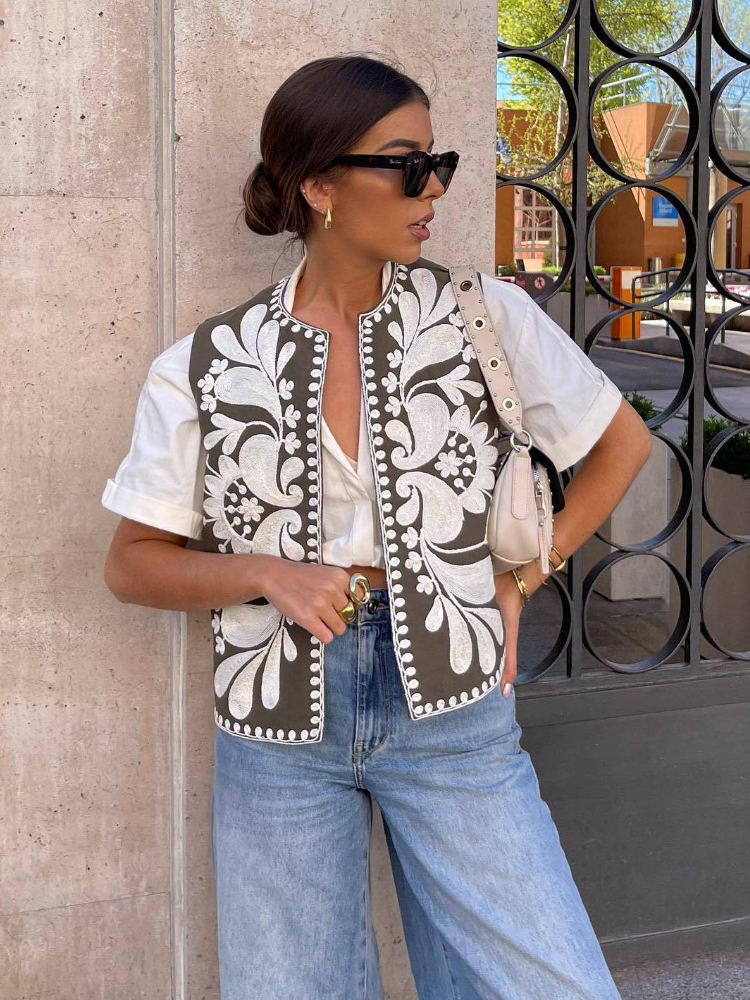Women's Vests RR2493 Streetwear Short Embroidered Vests Women Traf Oficial Store Sleeveless Cropped Coats No Closure Eleagnt Cotton Jackets 23081