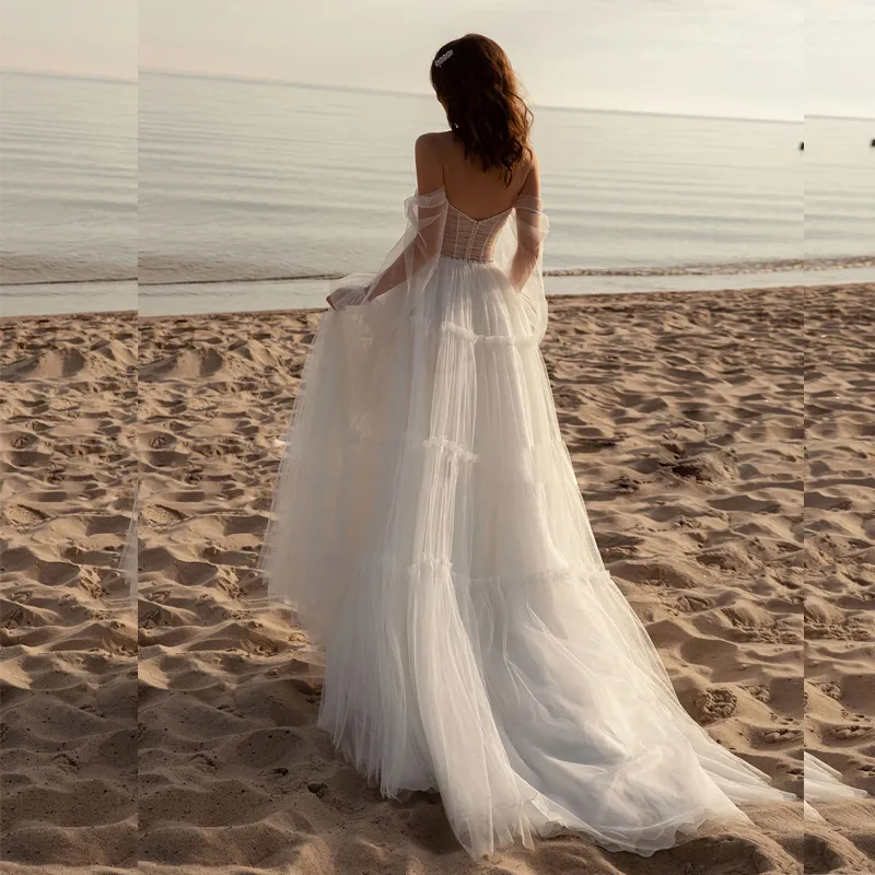 Bohemian Split Beach Wedding Dress Beaded Off The Shoulder Long Sleeve Bridal Gowns Boho Vestidos de Novia
