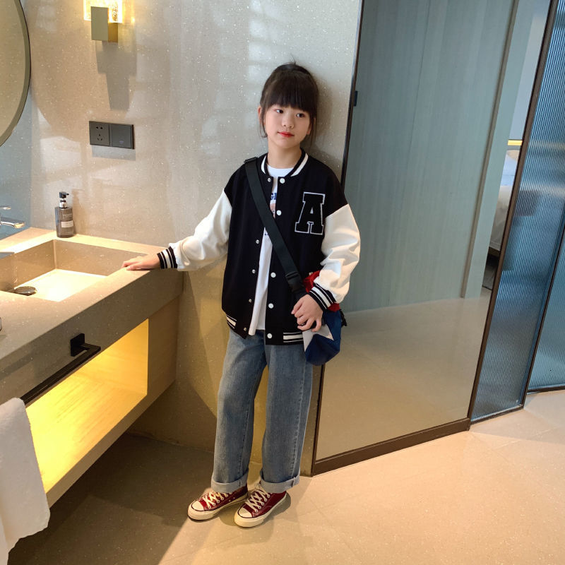 Jackets Baseball Jacket Kids Girls Korean Casual Loose Pocket Letter Oversized Bomber Sweatshirt Uniform Streetwear Couple Tops 230811