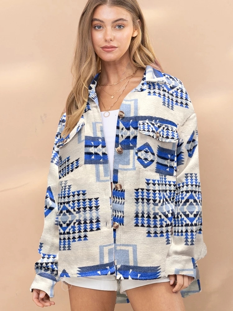 Womens Jackets Vintage Women Aztec Printed Jacket Long Sleeved Splicing Loose Wool Coat Winter Female Causal Pockets Button Shirt Tops 230810