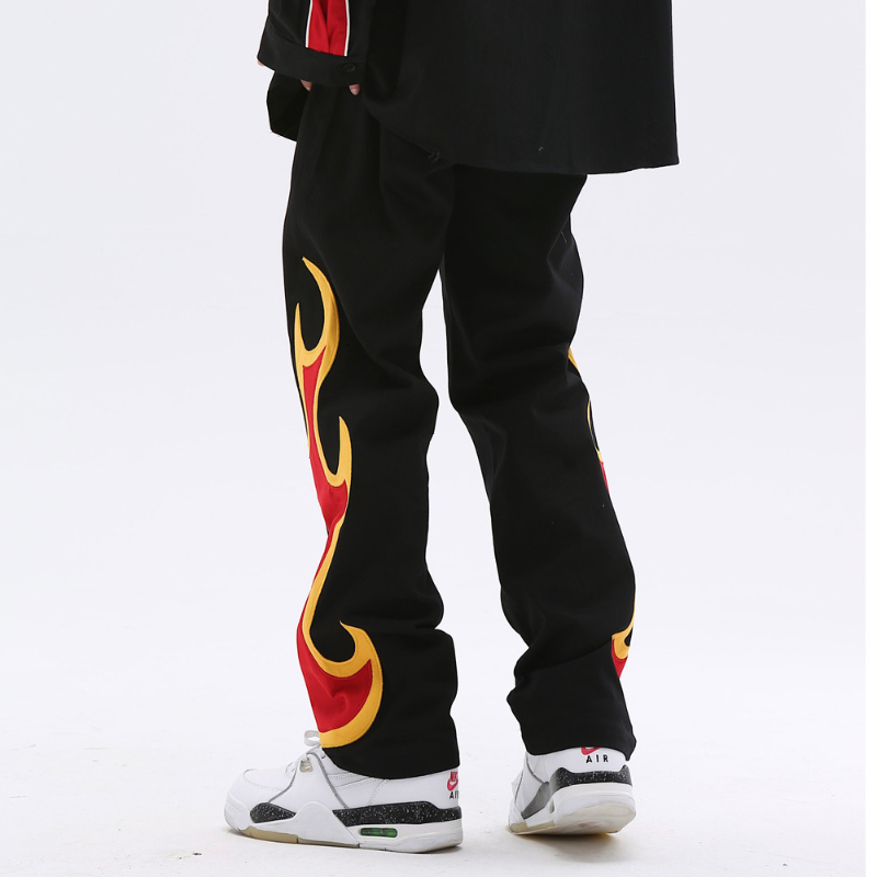 Men's Jeans Flame Patch Embroidered Men Hip Hop Baggy Straight Pants Couple Vintage Color Matching Street Wide leg Denim Trousers 230810