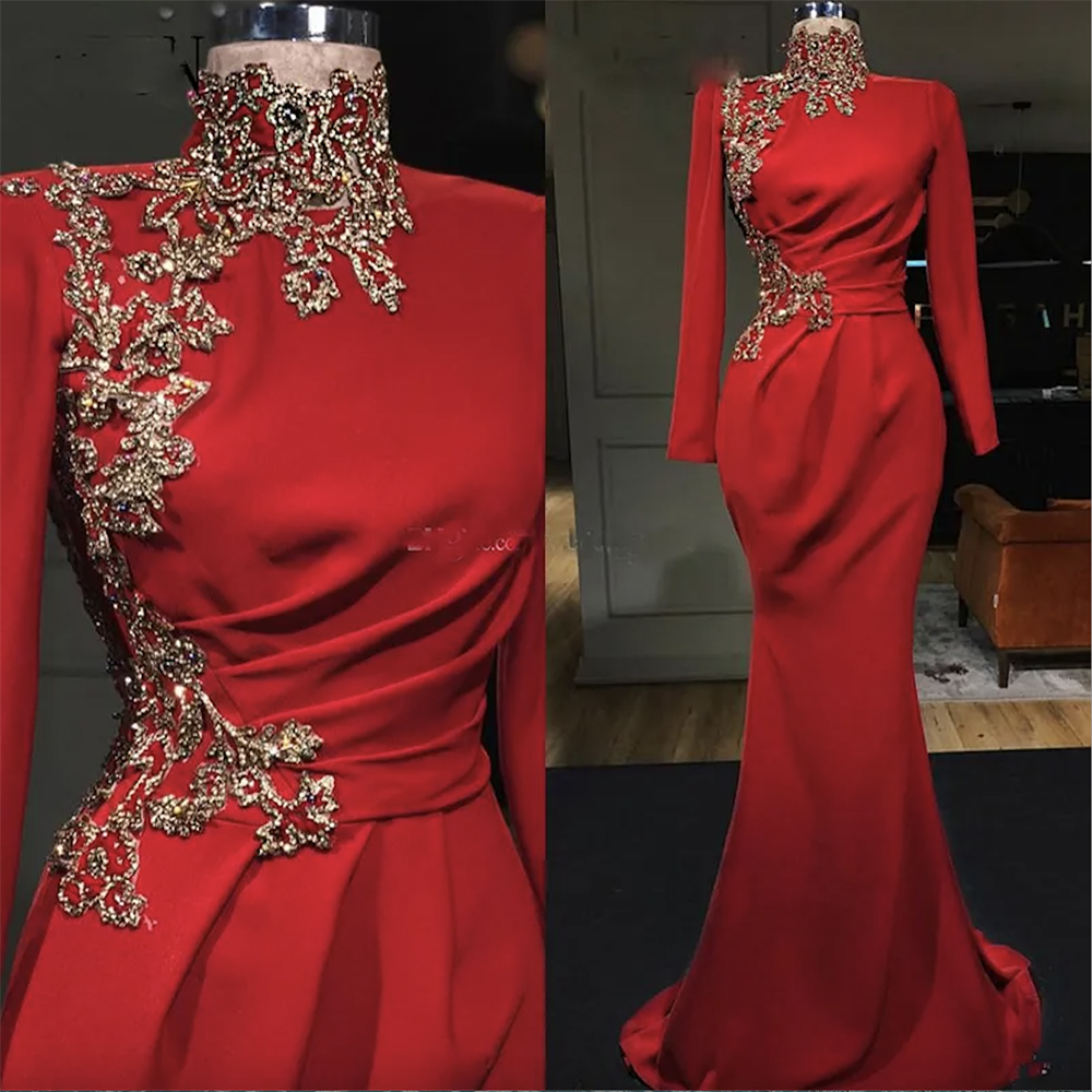 Red Mermaid Gold Lace Evening Dresses High Neck Long Sleeves Prom Gowns or Length Satin Plus Size Formal Party Dress