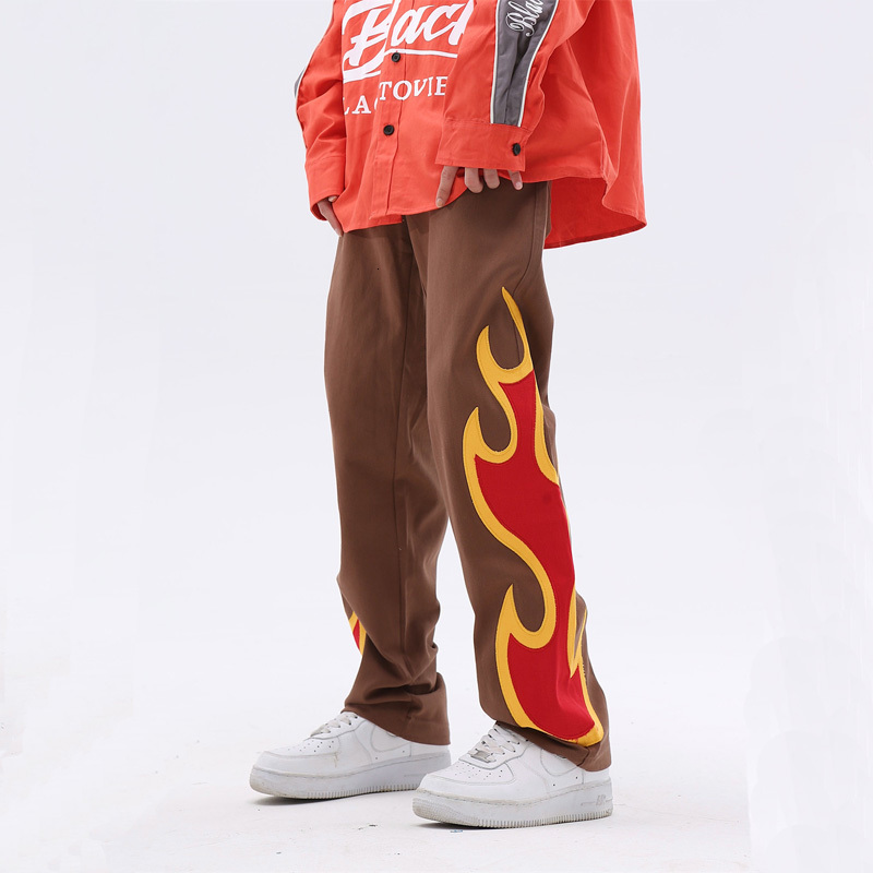 Men's Jeans Flame Patch Embroidered Men Hip Hop Baggy Straight Pants Couple Vintage Color Matching Street Wide leg Denim Trousers 230810