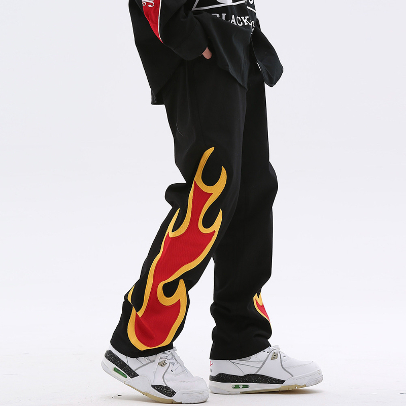 Men's Jeans Flame Patch Embroidered Men Hip Hop Baggy Straight Pants Couple Vintage Color Matching Street Wide leg Denim Trousers 230810