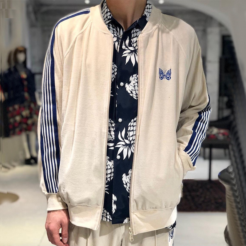 Men's Jackets Multicolor Stripe Needles Jacket Men Women Velvet 1 Track Zipper Embroidered Butterfly Coats 230810