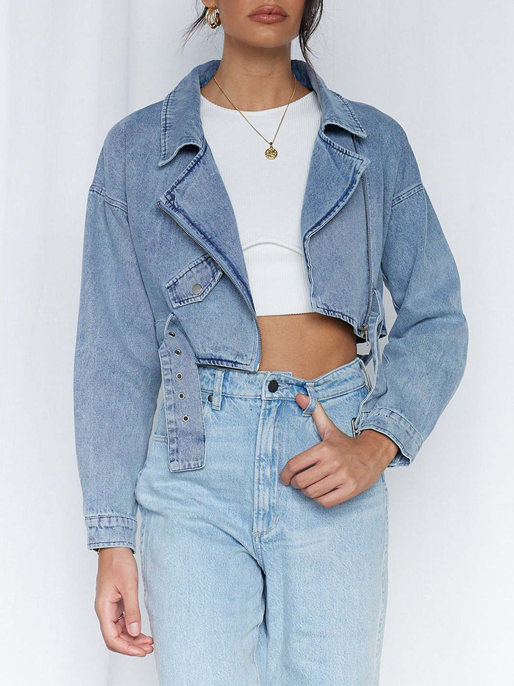 Womens Jackets Fitaylor Spring Autumn Women Vintage Loose Short Denim Jacket with Belt Lady Streetwear Lapel Zipper Moto Biker Jean Coat 230810